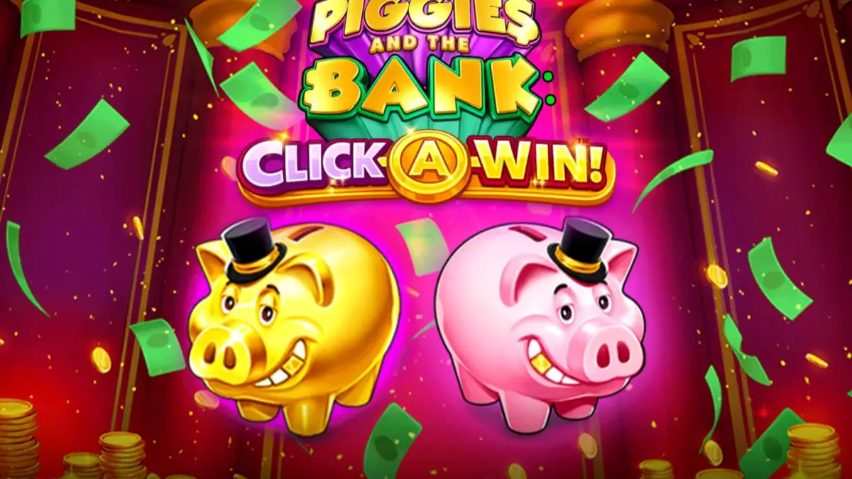 Interface do jogo Piggies and the Bank: Click-A-Win com tema de porquinho elegante